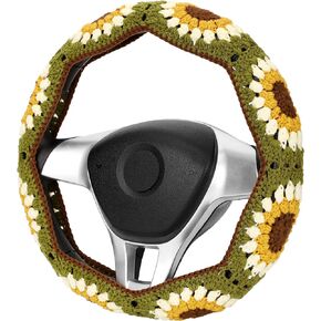Crochet Steering Wheel Cover Set,Cute Car Steering Wheel Cover Boho 14-15 in,Handmade Sunflower Granny Square Car Decor for Women,Hippie Car Accessories for Vehicles (A Wheel Cover)