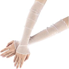OIIKI White Women's Long Ultra-thin Lace Gloves Sun UV Protection, Cooling Mesh Tulle Sunscreen Sleeves Fingerless Arms Legs Accessories for Party Outdoor Sport Activities- 50cm, 1 Pair