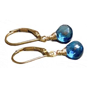 Natural London Blue Topaz stone earrings, 14k gold fill leverback dangles, jewelry gift for woman