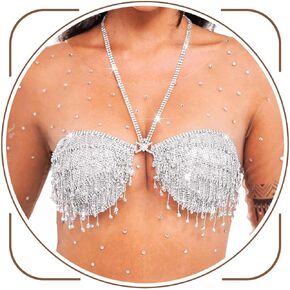 Rhinestone Bra Top Silver Sparkly Halter Top Tassel Crystal Bra Chain Sexy Party Rave Disco Chest Tops for Women