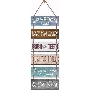 Yudarte Large Bathroom Rules Wall Hanging Sign with Jute - 6pcs Wooden Decor Wall Art Plaque for Toilet Restroom 38x12 Inches