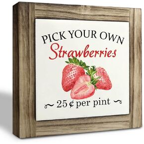 Strawberries Wood Plaque Sign, Pick Your Own Strawberries, Box Wood Plaques Desk Décor, Decorative Wooden Table Sign, Rustic Kitchen Sign for Shelf, Farmhouse Home Summer Decor, Decor for Home Bar
