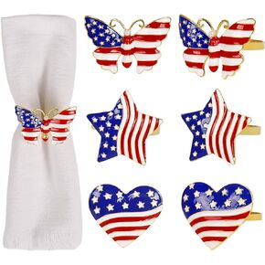 4th of July Patriotic Star Napkin Rings Set of 6, Red Blue and White Heart Butterfly Star for Veterans Day Memorial Day Independence Day Table Decoration