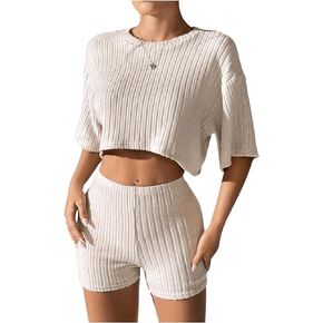 SweatyRocks Women's 2 Piece Outfits Ribbed Knit Short Sleeve Crop Tee Top and Shorts Sets