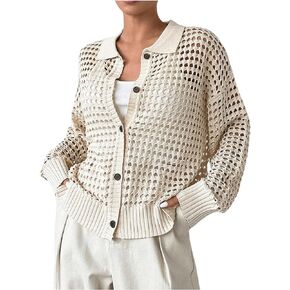 Women's Hollow Out Crochet Cardigan Sweater Collar Neck Button Front Cardigan Boho Loose Fit Casual for Summer Resort