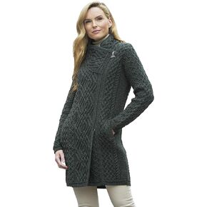 Aran Crafts Women's Irish Soft Cable Knitted Side Zip Coat (100% Merino Wool)