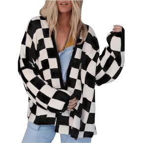 SHENHE Women's Oversized Plaid Outwear Open Front Knit Sweater Long Sleeve Casual Cardigan