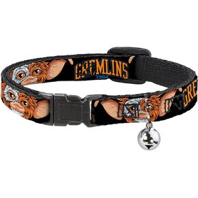 Warner Bros. Horror Movies Cat Collar, Breakaway Collar with Bell, Gremlins 1984 Gizmo Face Close Up Black, 8.5 to 12 Inches 0.5 Inch Wide