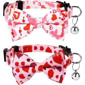 2pcs Valentine's Day Cat Collar, Kitten Collars with Bow Tie & Bells Heart Holiday Cat Collars Cat Bowtie Collar Valentines Day Cat Collar for Girls Boys Male Female Cats(Pink, Red)