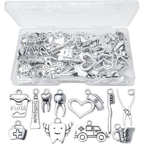 72pcs Antique Silver Healthy Tooth Teeth Charms Dentist Charms Dental Hygienist Pendants Charms with A Box Crafts Supplies for DIY Jewelry Necklace Bracelet Making