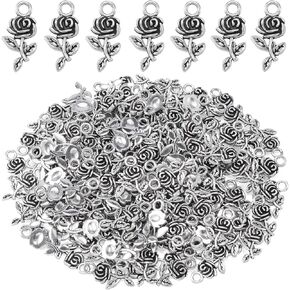 OIIKI 100PCS 3D Rose Charm Pendants, Alloy Mini Rose Flower Pendants, Silver Plated Retro Rose Charm for Jewelry Making, DIY Necklace, Bracelets, Earrings for Women, Girls