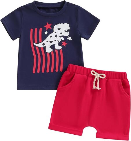 My First 4th of July Baby Boy Outfit Toddler Dinosaur Print Short Sleeve Shirt and Shorts Set Summer Clothes in Saudi Arabia