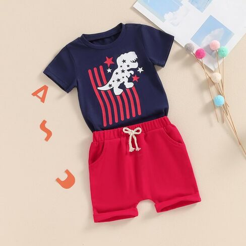 My First 4th of July Baby Boy Outfit Toddler Dinosaur Print Short Sleeve Shirt and Shorts Set Summer Clothes in Saudi Arabia