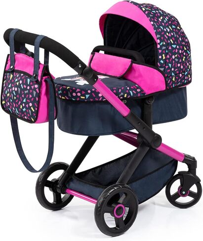 Bayer Design Dolls: Pram Xeo: Shapes Navy & Pink - Matching Handbag, Adjustable Handle, for Dolls Up to 20", Ages 3+ in Kuwait
