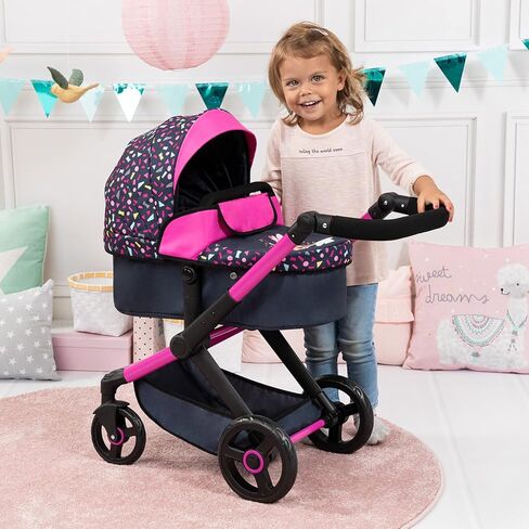 Bayer Design Dolls: Pram Xeo: Shapes Navy & Pink - Matching Handbag, Adjustable Handle, for Dolls Up to 20", Ages 3+ in Kuwait