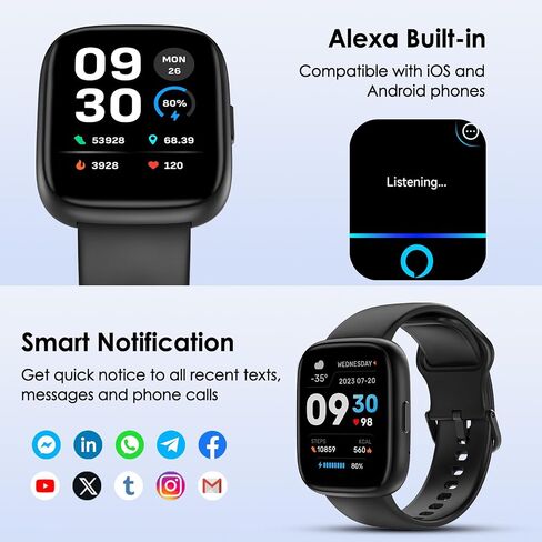 Smart Watch, 1.83" Touch Screen Smartwatch with Alexa Built-in IP68 Waterproof, Pedometer,Fitness Tracker with 100 Sports Modes Heart Rate/SpO2/Stress/Sleep Monitor for Men and Women in Saudi Arabia