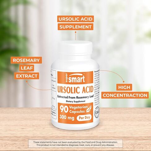 Supersmart - Ursolic Acid 300mg per Day (25% Purity) - Muscle Mass & Strength - Skin Health Support - UA Supplement - Rosemary Leaf Extract | Non-GMO & Gluten Free - 90 Vegetarian Capsules in Saudi Arabia