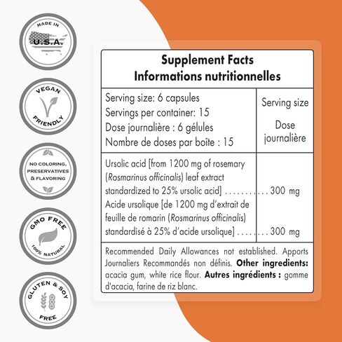 Supersmart - Ursolic Acid 300mg per Day (25% Purity) - Muscle Mass & Strength - Skin Health Support - UA Supplement - Rosemary Leaf Extract | Non-GMO & Gluten Free - 90 Vegetarian Capsules in Saudi Arabia