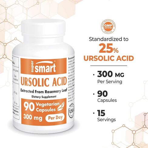Supersmart - Ursolic Acid 300mg per Day (25% Purity) - Muscle Mass & Strength - Skin Health Support - UA Supplement - Rosemary Leaf Extract | Non-GMO & Gluten Free - 90 Vegetarian Capsules in Saudi Arabia