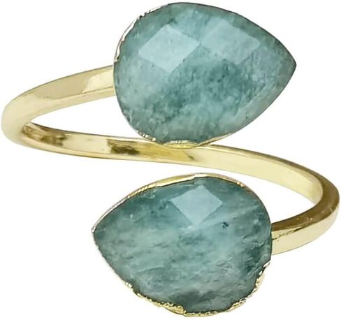 Amazonite Ring for Women, Double Gemstone Rings Gold, Natural blue Amazonite Ring Healing Crystal Teardrop Rings Spiritual, Adjustable Faceted Stone Rings for Girls in Kuwait