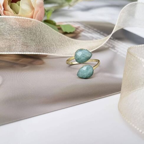 Amazonite Ring for Women, Double Gemstone Rings Gold, Natural blue Amazonite Ring Healing Crystal Teardrop Rings Spiritual, Adjustable Faceted Stone Rings for Girls in Kuwait