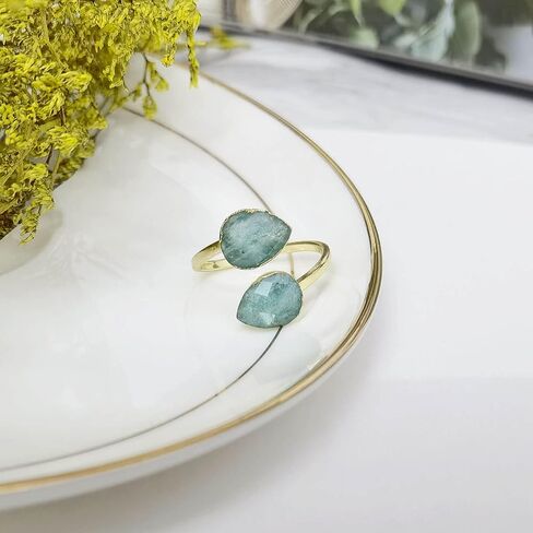 Amazonite Ring for Women, Double Gemstone Rings Gold, Natural blue Amazonite Ring Healing Crystal Teardrop Rings Spiritual, Adjustable Faceted Stone Rings for Girls in Kuwait