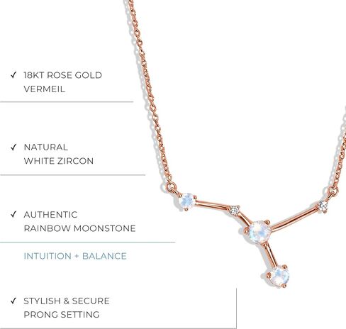 Moon Magic Moonstone Necklace - Zodiac Constellation / 925 Sterling Silver - 18k Rose Gold - Yellow Gold Zodiac Sign Necklaces for Women / Astrology & Horoscope Authentic Rainbow Crystal Moonstone Jewelry in Saudi Arabia