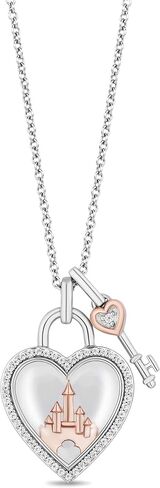 Jewelili Enchanted Disney Fine Jewelry Disney 100 Years Celebration Sterling Silver and 10K Rose Gold with 1/6 CTTW Diamond and White Quartz Heart and Key Pendant Necklace in Saudi Arabia