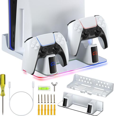 HuiJuKeJi Wall Mount Kit for PS5/PS5 Slim with Charging Station,Dual Controller Stand and Charger with Multi-Mode RGB Light App,Compatible with Playstation 5/5 Slim Disc & Digital Version in Saudi Arabia