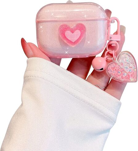 Ownest Compatible for AirPods Case, Cute 3D Heart Clear TPU Shockproof Cover Case Glitter with Bell Keychain for Women Girls for Airpods Pro-Flower in Saudi Arabia