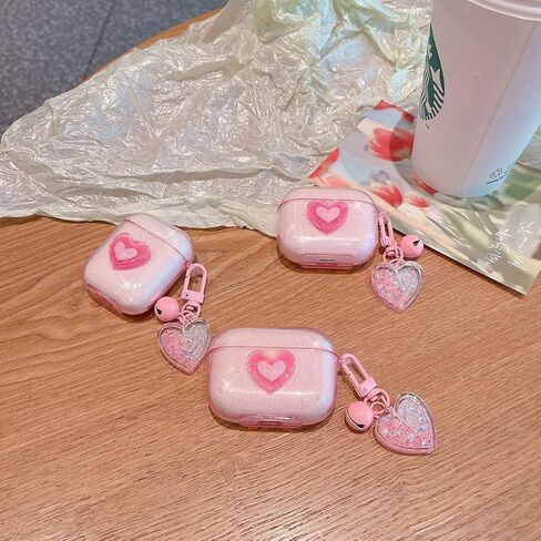 Ownest Compatible for AirPods Case, Cute 3D Heart Clear TPU Shockproof Cover Case Glitter with Bell Keychain for Women Girls for Airpods Pro-Flower in Saudi Arabia