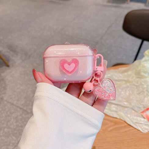 Ownest Compatible for AirPods Case, Cute 3D Heart Clear TPU Shockproof Cover Case Glitter with Bell Keychain for Women Girls for Airpods Pro-Flower in Saudi Arabia
