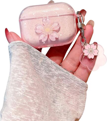 Ownest Compatible for AirPods Case, Cute 3D Heart Clear TPU Shockproof Cover Case Glitter with Bell Keychain for Women Girls for Airpods Pro-Flower in Saudi Arabia