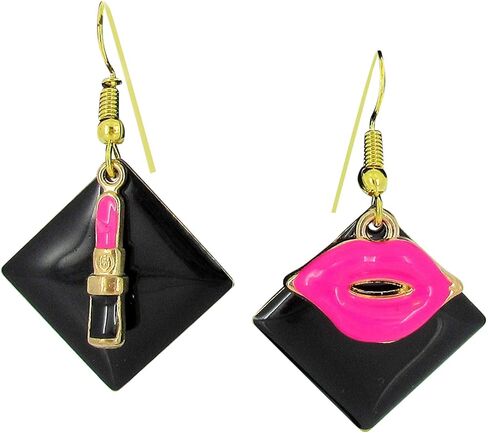 Gold-tone Enamel Lipstick and Lip Charm Dangle Earrings (Black/Hot Pink) in Kuwait