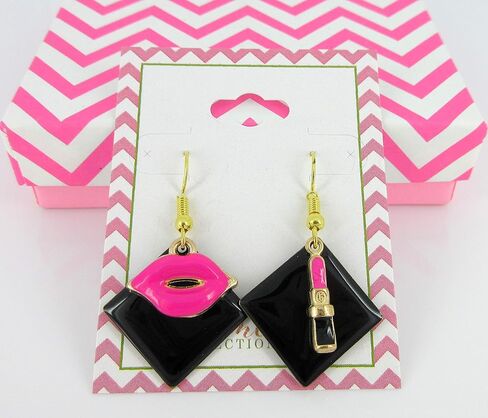 Gold-tone Enamel Lipstick and Lip Charm Dangle Earrings (Black/Hot Pink) in Kuwait