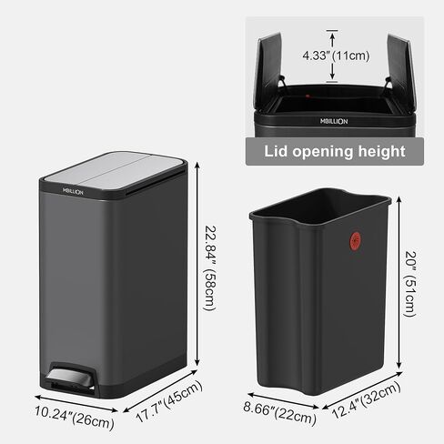 سلة مهملات ستيب مع بطانة سعة 35 لتر، غطاء فراشة، مفتوح وصامت ومستطيل من الفولاذ المقاوم للصدأ، سلة قمامة المطبخ مع دواسة قوية، للمنزل والمكتب، رمادي داكن in Kuwait