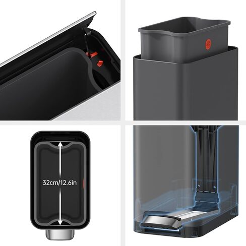 سلة مهملات ستيب مع بطانة سعة 35 لتر، غطاء فراشة، مفتوح وصامت ومستطيل من الفولاذ المقاوم للصدأ، سلة قمامة المطبخ مع دواسة قوية، للمنزل والمكتب، رمادي داكن in Kuwait