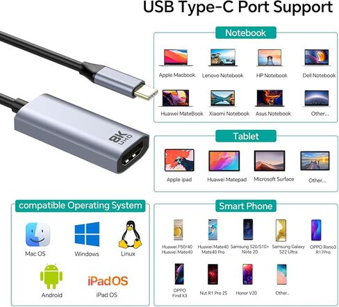 محول دونجل USB-C إلى HDMI 2.1 8K - شاشة عالية التحديث، متوافقة مع محول Thunderbolt 4/3 إلى HDMI 48 جيجابت في الثانية 8K 60 هرتز 4k 120 هرتز/144 هرتز HDR، HDCP2.3، Dolby in Saudi Arabia