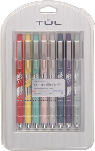 TUL® GL Series Retractable Gel Pens, Medium Point, 0.8 mm, Assorted Barrel Colors With Silver Brushed Foil, Assorted Metallic Inks, Pack Of 8 Pens in Saudi Arabia