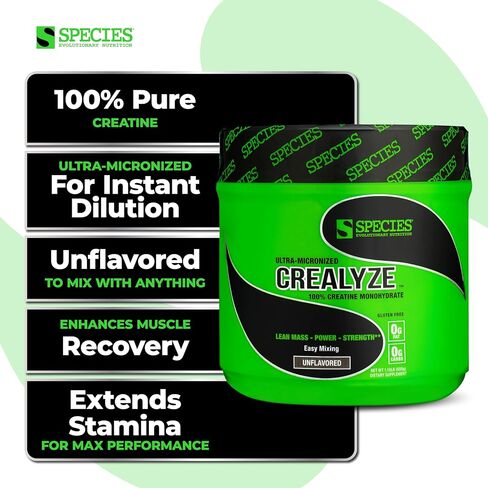 مسحوق الكرياتين من Species Nutrition، 100% كرياتين مونوهيدرات مع قابلية الذوبان لدعم الكتلة الخالية من الدهون والقدرة على التحمل والقوة، مشروب التعافي بعد التمرين، خالي من الغلوتين (بدون نكهة، 17.6 أونصة) in Kuwait