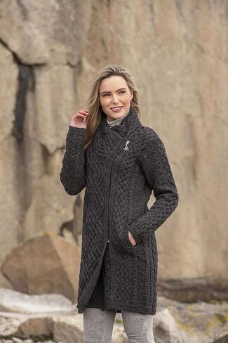 Aran Crafts Women's Irish Soft Cable Knitted Side Zip Coat (100% Merino Wool) in Kuwait