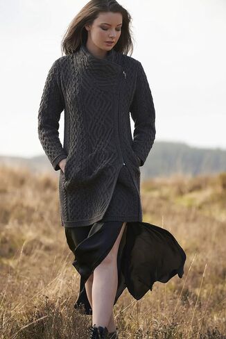 Aran Crafts Women's Irish Soft Cable Knitted Side Zip Coat (100% Merino Wool) in Kuwait
