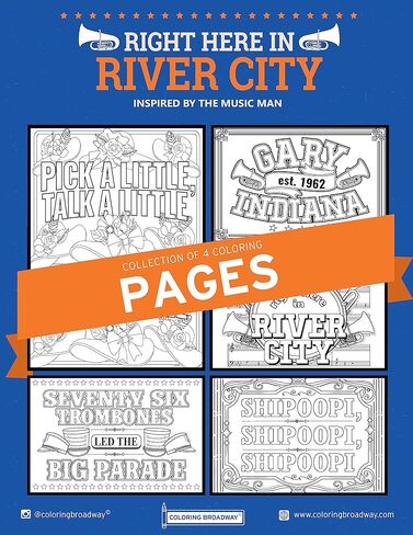 تلوين برودواي - صفحات تلوين مستوحاة من رجل الموسيقى (مجموعة من 4)، هنا في بضائع ريفر سيتي الموسيقية، مطبوعة على ورق غير لامع (8 1/2 بوصة × 11 بوصة)، هدية مثالية لمحبي مسرح برودواي in Kuwait