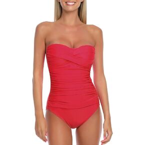 Ocean Blues Women’s Bandeau One Pieces Swimsuit Molded Cups Shirring Tummy Control Bathing Suit