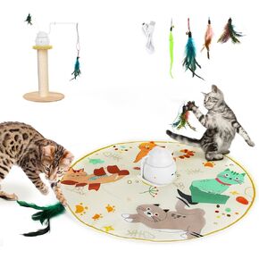 Lewondr Interactive Cat Toy for Indoor Cats, Motion Activated Electronic Automatic Cat Toy, Rechargeable Hide and Seek Cat Wand Toy with Chasing Feathers & 3 Modes, Blue Printed