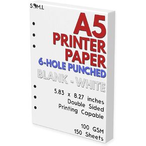 A5 Blank Paper - 150 Sheets (300 Pages) - 6 Hole Punched - 100 GSM (24 lb.) - for FiloFax, A5 Planners, Organizers, and Binders - 148mm x 210mm (5.83 inches x 8.27 inches)
