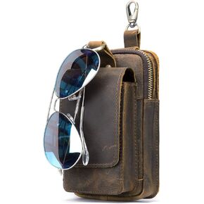 Genuine Leather Hip Pouch Cell Phone Fanny Pack Small Side Belt Bag Zipper Holster with Clip and Loop Brown