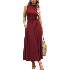 Women's Summer Casual Sleeveless Mock Neck Ruched Elegant Maxi Dresses Semi Formal Flowy Tank Dress with Pockets