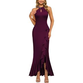 Knitee Women's Elegant Halter Rhinestones Neck Ruffle Split Mermaid Evening Cocktail Maxi Dress