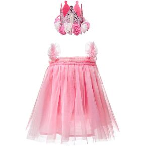 فستان توتو للفتيات الصغيرات مع تاج، فستان تول لعيد الميلاد الأول لحديثي الولادة، ملابس تصوير للفتيات الصغيرات، فستان الأميرة بدون أكمام لحفلات أعياد الميلاد، التقاط الصور، الزفاف (وردي) in Kuwait